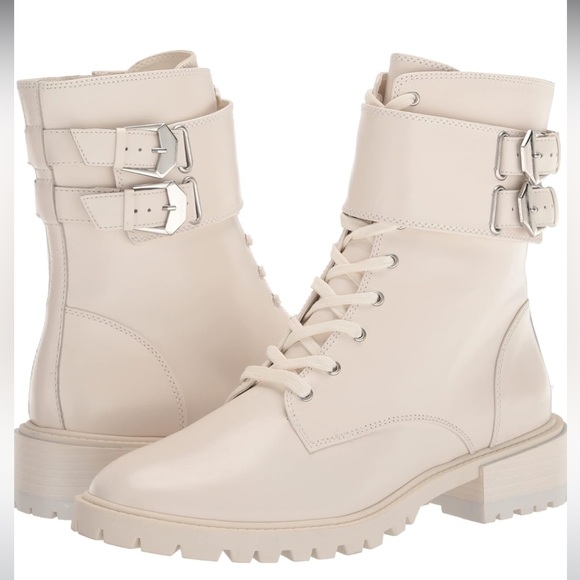 NEW VINCE CAMUTO FAWDRY COMBAT BUCKLE BOOTS BOOTIES COCONUT CREAM - Picture 2 of 9